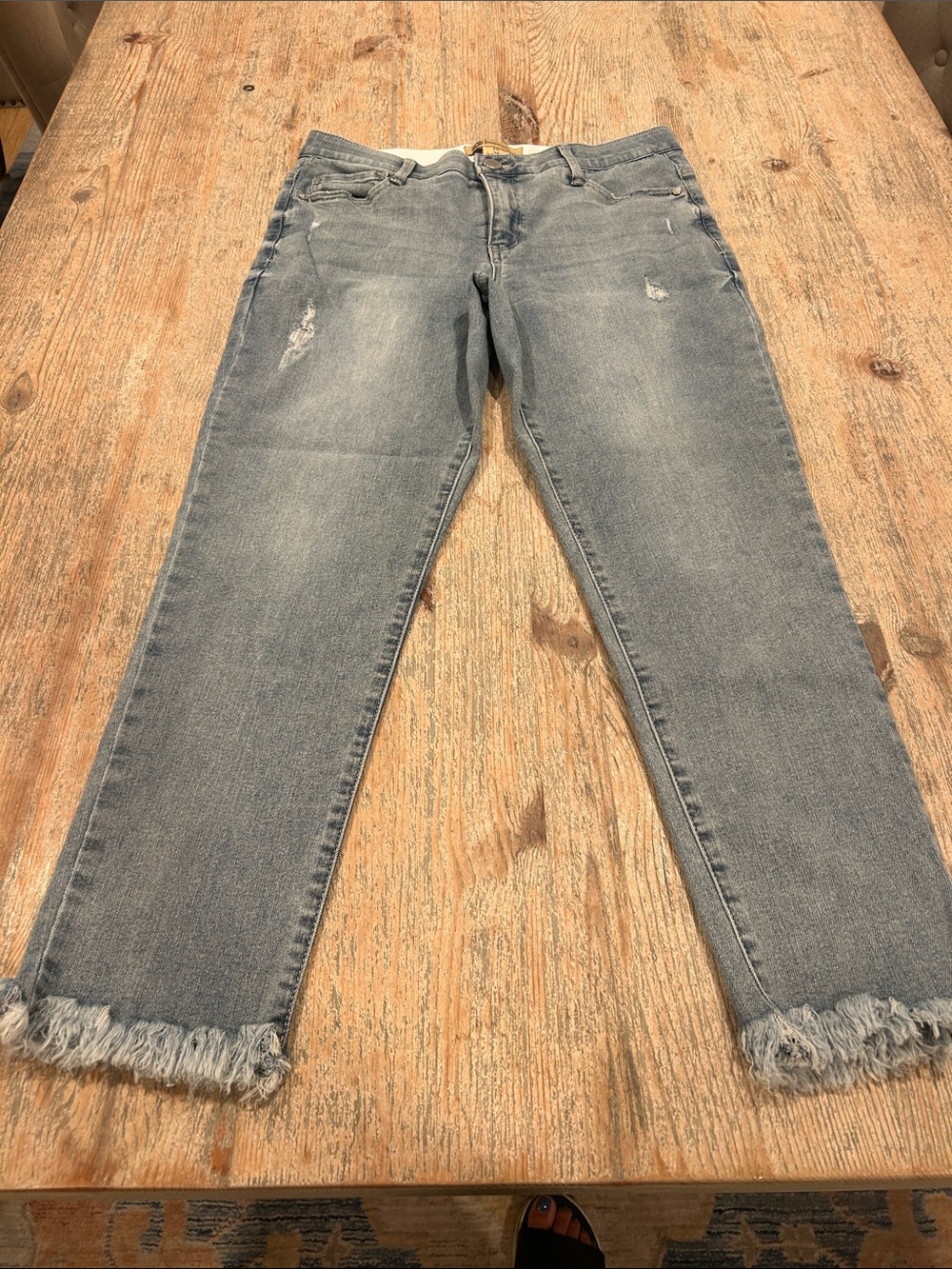 Democracy Faded Light Blue Distressed Ankle Jeans with Frayed Hem